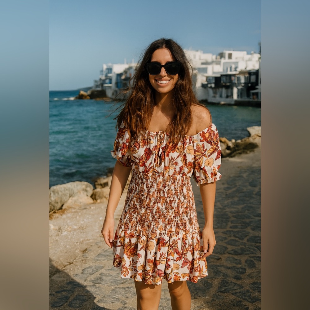 Cato Floral Mini Dress - Brown and Cream